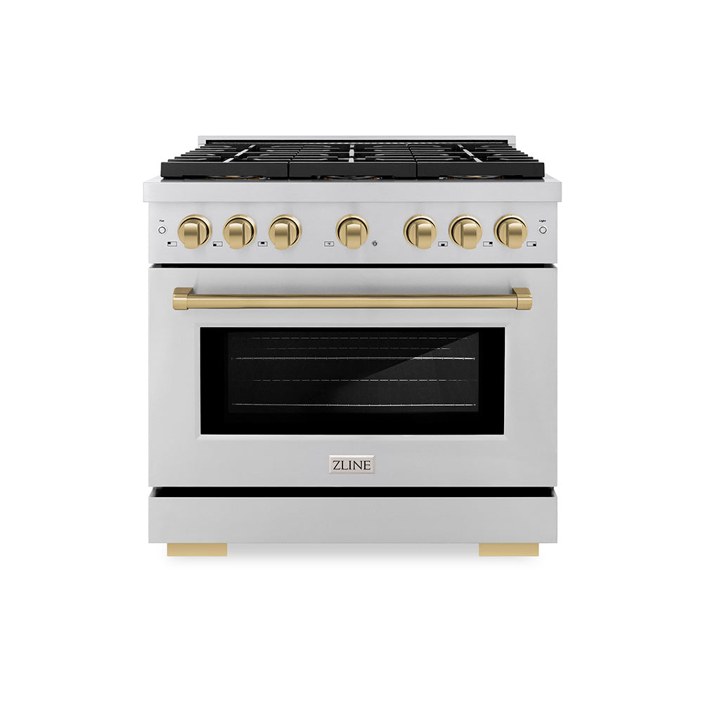 ZLINE 36 in. Dual Fuel Range 5.2 cu. ft. 6 Burner DuoPro™ Cooktop Electric Convection Oven Stainless Steel Champagne Bronze Accents (PSDRZ-36-CB)