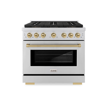 ZLINE 36 in. Dual Fuel Range 5.2 cu. ft. 6 Burner DuoPro™ Cooktop Electric Convection Oven Stainless Steel Champagne Bronze Accents (PSDRZ-36-CB)