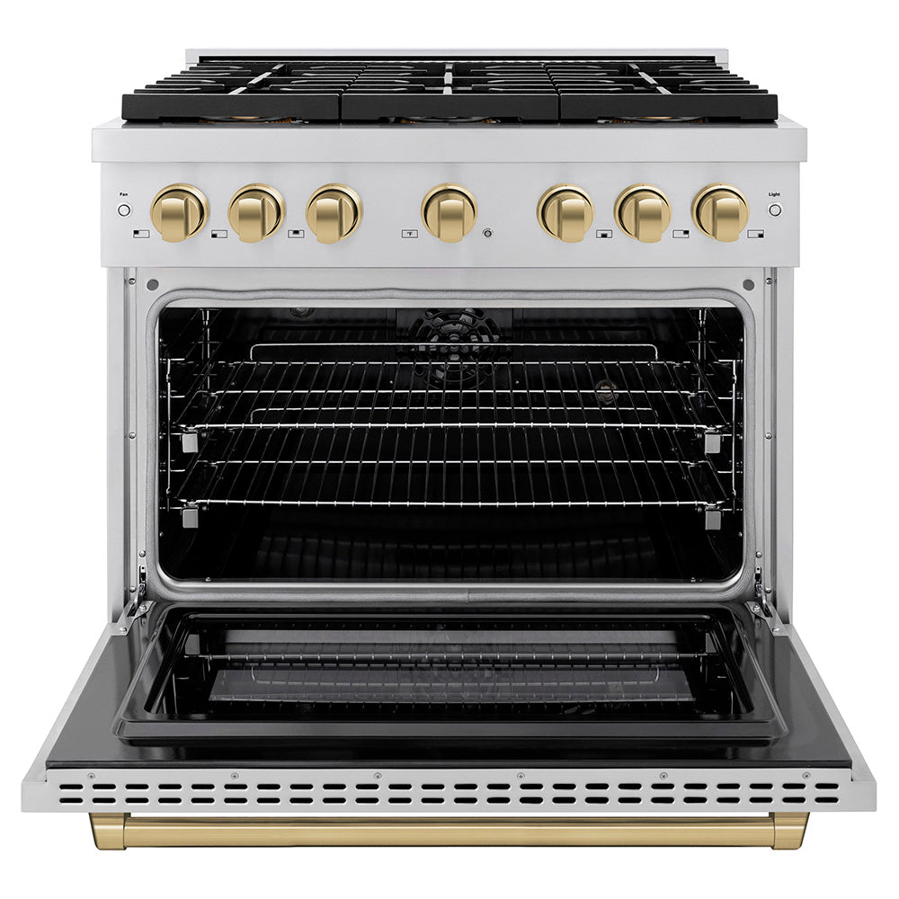 ZLINE 36 in. Dual Fuel Range 5.2 cu. ft. 6 Burner DuoPro™ Cooktop Electric Convection Oven Stainless Steel Champagne Bronze Accents (PSDRZ-36-CB)