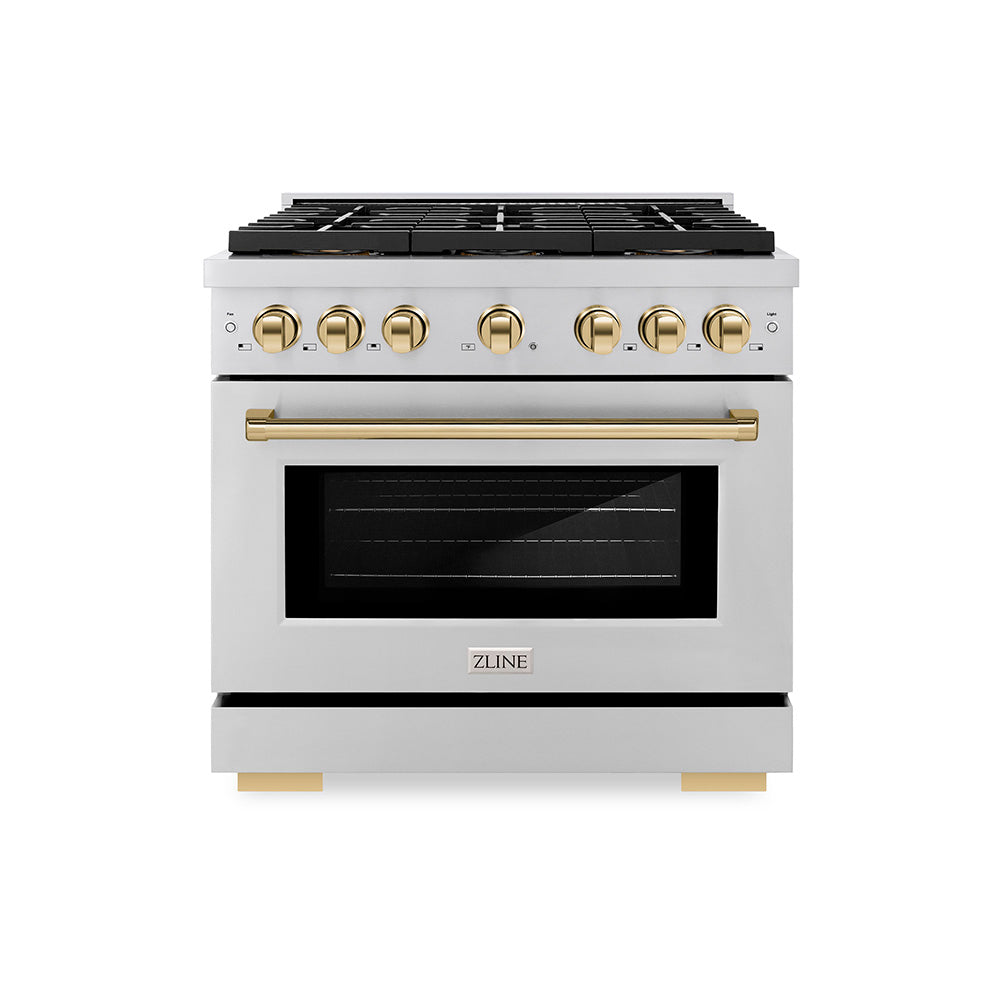 ZLINE 36 in. Dual Fuel Range 5.2 cu. ft. with 6 Burner DuoPro™ Cooktop, Electric Convection Oven, Stainless Steel with Polished Gold Accents (PSDRZ-36-G)