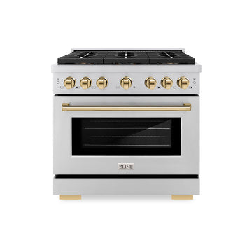 ZLINE 36 in. Dual Fuel Range 5.2 cu. ft. with 6 Burner DuoPro™ Cooktop, Electric Convection Oven, Stainless Steel with Polished Gold Accents (PSDRZ-36-G)