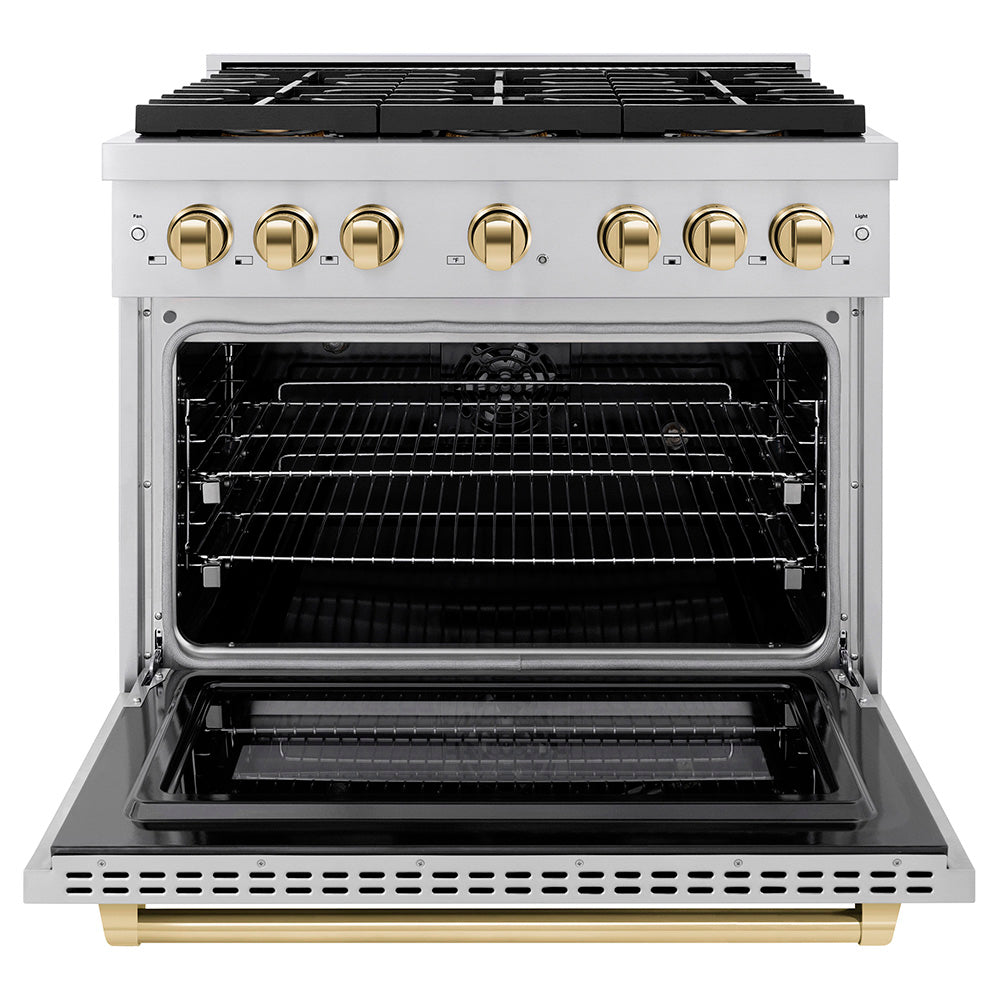 ZLINE 36 in. Dual Fuel Range 5.2 cu. ft. with 6 Burner DuoPro™ Cooktop, Electric Convection Oven, Stainless Steel with Polished Gold Accents (PSDRZ-36-G)