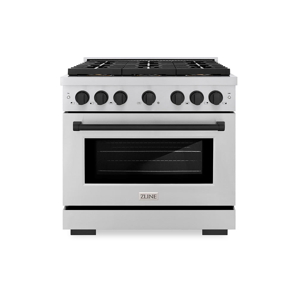 ZLINE 36 in. Dual Fuel Range 5.2 cu. ft. with 6 Burner DuoPro™ Cooktop, Electric Convection Oven, Stainless Steel with Matte Black Accents (PSDRZ-36-MB)