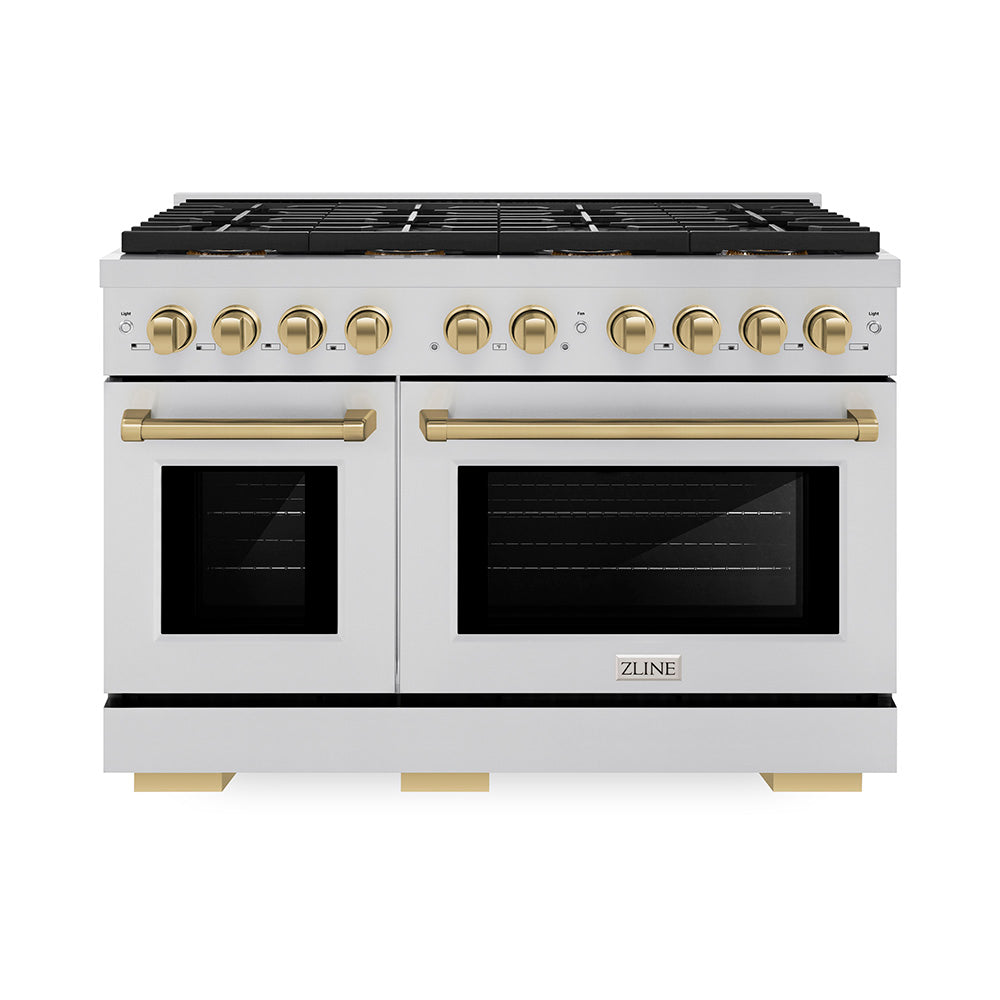 ZLINE 48 in. Dual Fuel Range 6.7 cu. ft. 8 Burner DuoPro™ Cooktop Dual Ovens Stainless Steel Champagne Bronze Accents (PSDRZ-48-CB)