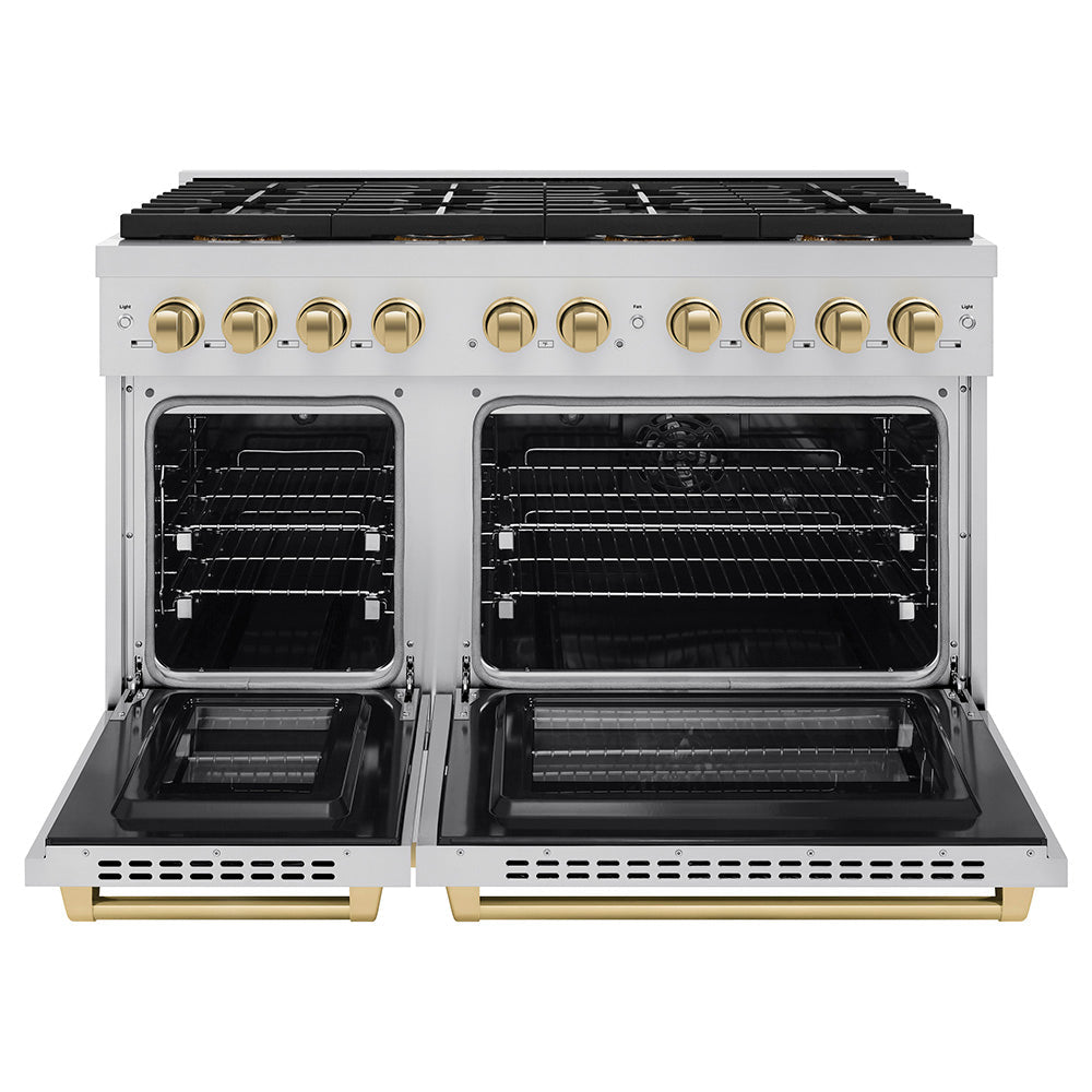 ZLINE 48 in. Dual Fuel Range 6.7 cu. ft. 8 Burner DuoPro™ Cooktop Dual Ovens Stainless Steel Champagne Bronze Accents (PSDRZ-48-CB)