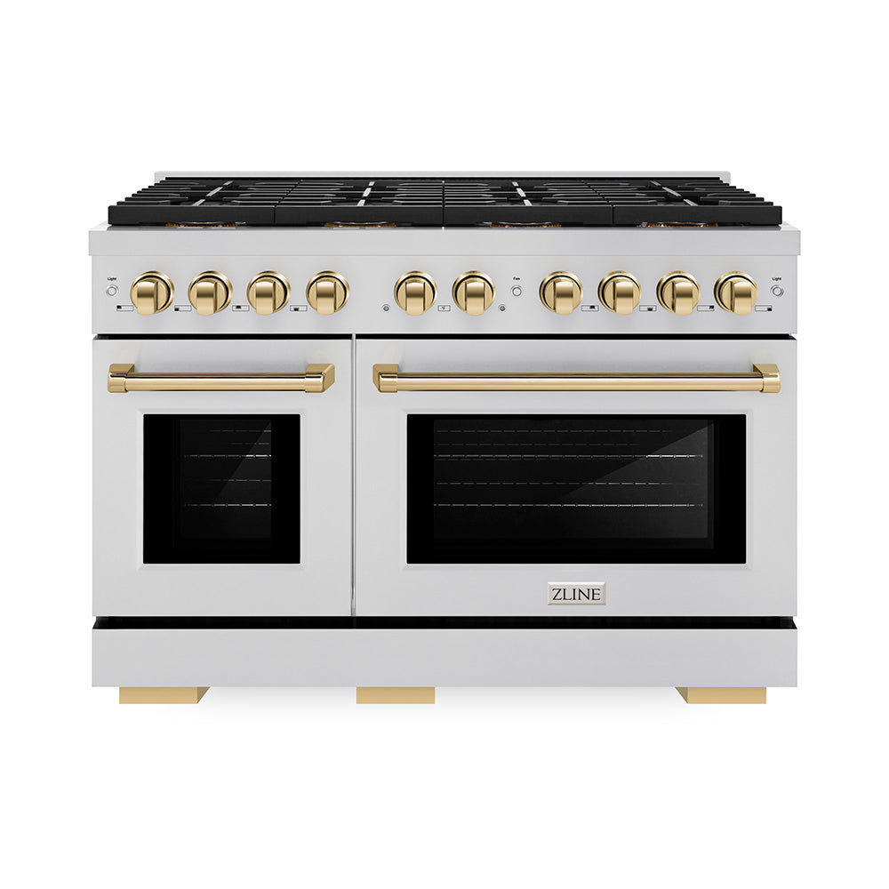 ZLINE 48 in. Paramount Dual Fuel Range 6.7 cu. ft. with 8 Burner DuoPro™ Cooktop, Dual Ovens, Stainless Steel with Polished Gold Accents (PSDRZ-48-G)
