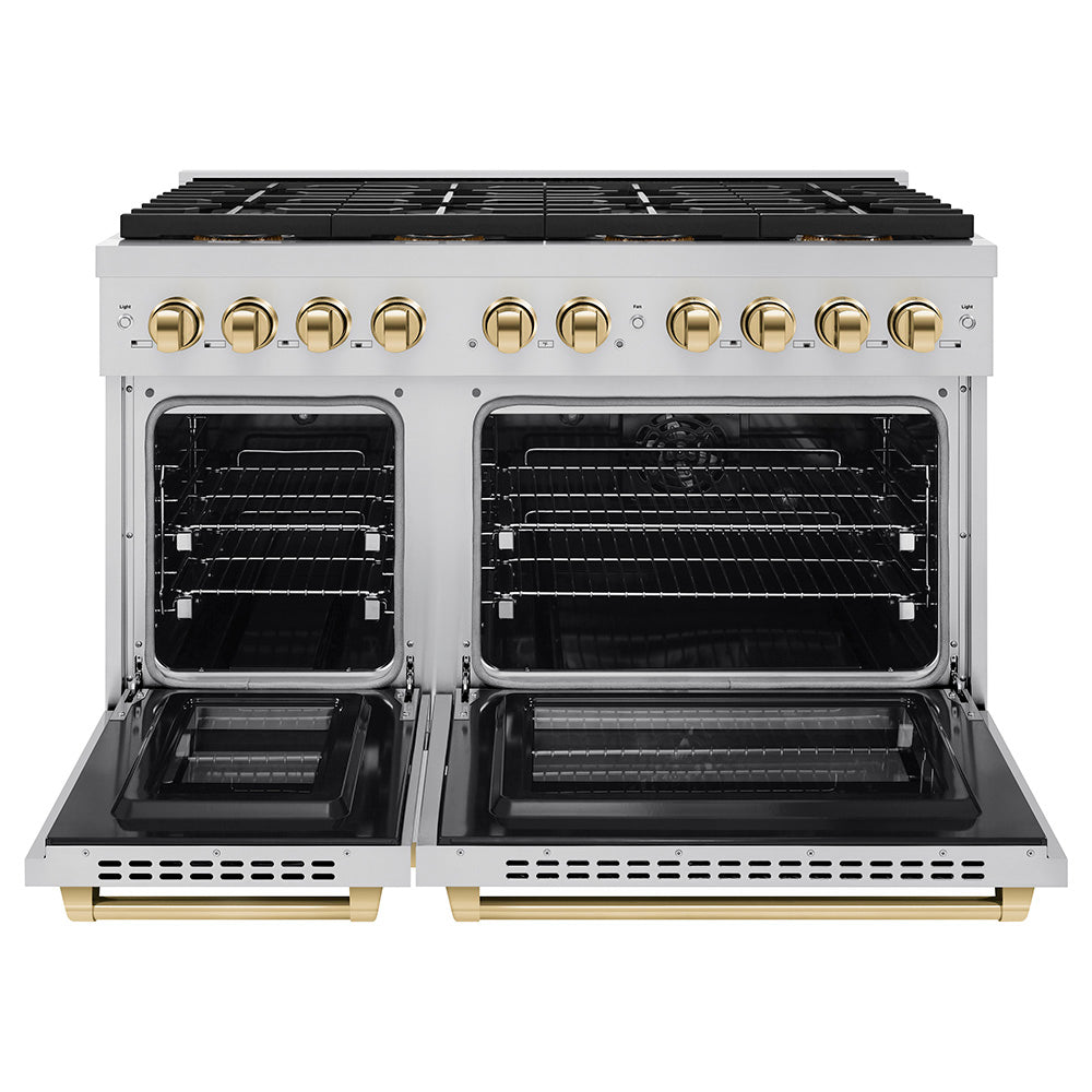 ZLINE 48 in. Paramount Dual Fuel Range 6.7 cu. ft. with 8 Burner DuoPro™ Cooktop, Dual Ovens, Stainless Steel with Polished Gold Accents (PSDRZ-48-G)