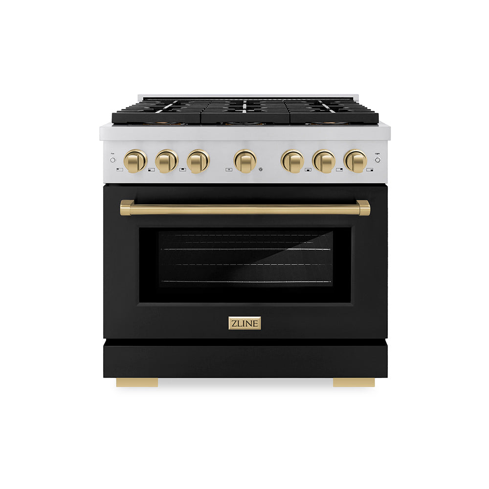 ZLINE 36 in. Dual Fuel Range 5.2 cu. ft. 6 Burner DuoPro™ Cooktop Electric Convection Oven Black Matte Door Champagne Bronze Accents (PSDRZ-BLM-36-CB)