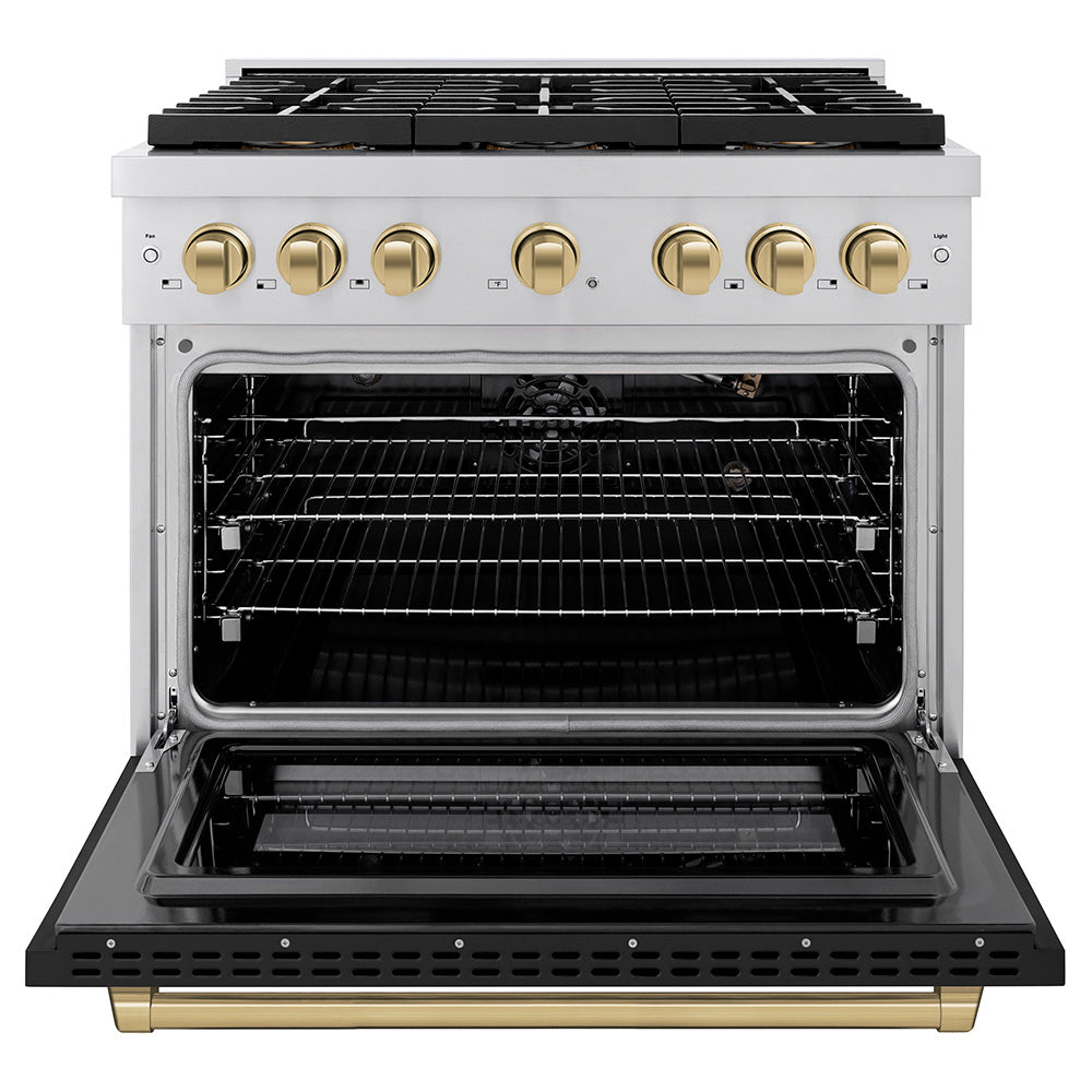 ZLINE 36 in. Dual Fuel Range 5.2 cu. ft. 6 Burner DuoPro™ Cooktop Electric Convection Oven Black Matte Door Champagne Bronze Accents (PSDRZ-BLM-36-CB)