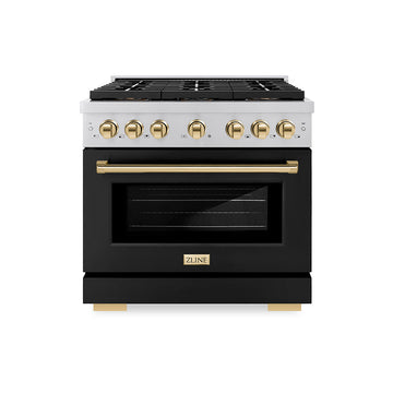ZLINE 36 in. Dual Fuel Range 5.2 cu. ft. Paramount Series with 6 Burner DuoPro™ Gas Cooktop, Electric Convection Oven, Black Matte Door & Polished Gold Accents (PSDRZ-BLM-36-G)