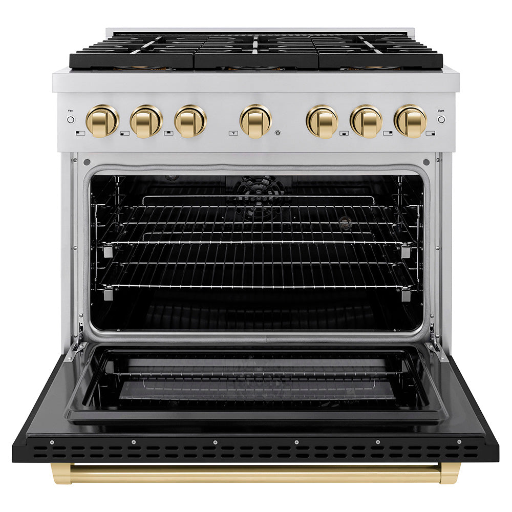 ZLINE 36 in. Dual Fuel Range 5.2 cu. ft. Paramount Series with 6 Burner DuoPro™ Gas Cooktop, Electric Convection Oven, Black Matte Door & Polished Gold Accents (PSDRZ-BLM-36-G)