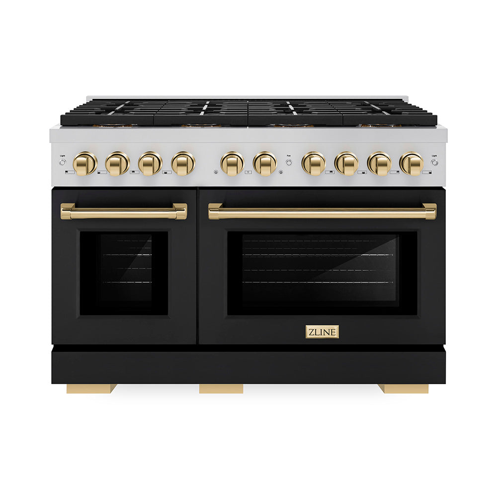 ZLINE 48 in. Dual Fuel Range 6.7 cu. ft. with 8 Burner DuoPro™ Cooktop, Dual Ovens, Black Matte Doors, Polished Gold Accents (PSDRZ-BLM-48-G)