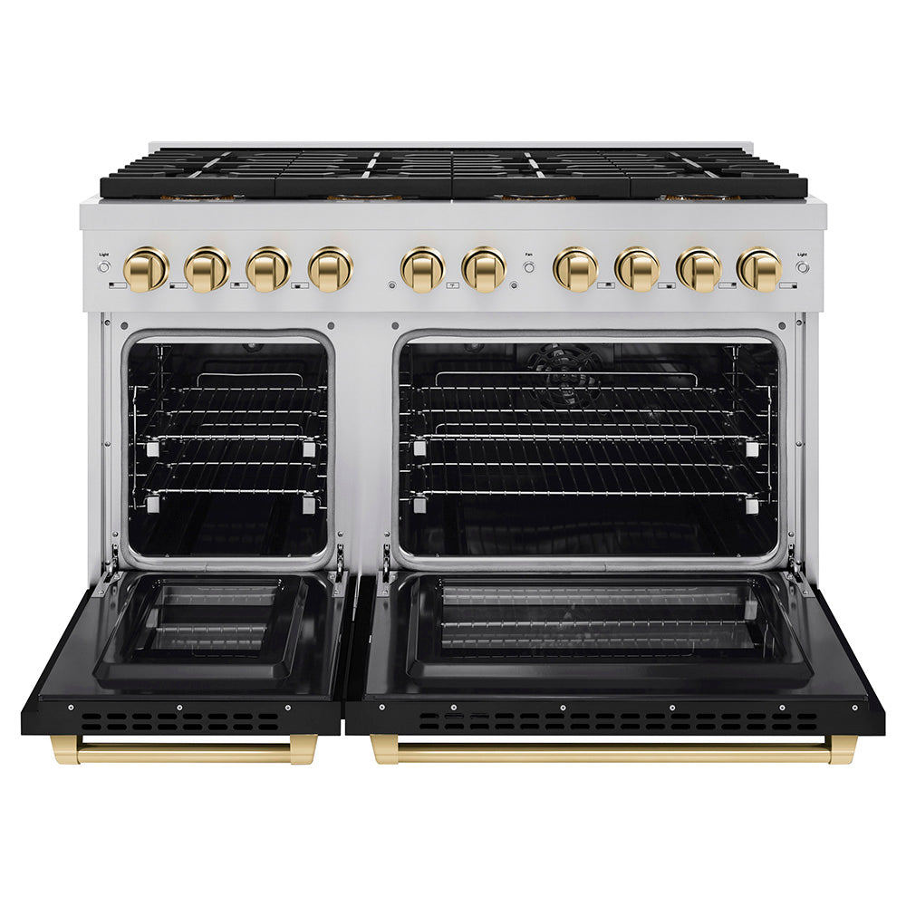 ZLINE 48 in. Dual Fuel Range 6.7 cu. ft. with 8 Burner DuoPro™ Cooktop, Dual Ovens, Black Matte Doors, Polished Gold Accents (PSDRZ-BLM-48-G)