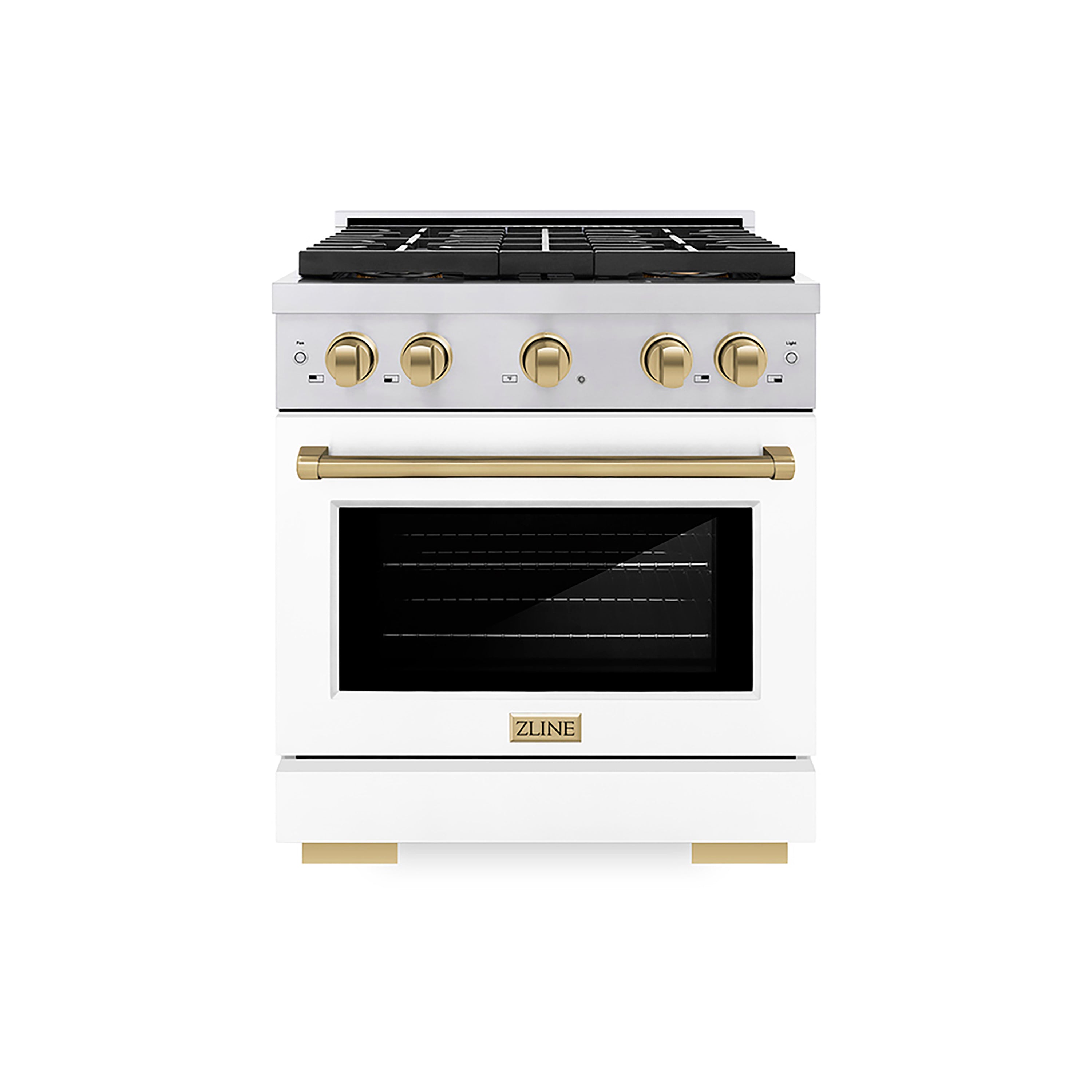 ZLINE 30 in. Paramount Dual Fuel Range 4.2 cu. ft. – 4 Burner DuoPro™ Cooktop, Electric Convection Oven, Stainless Steel, White Matte Door, Champagne Bronze Accents (PSDRZ-WM-30-CB)