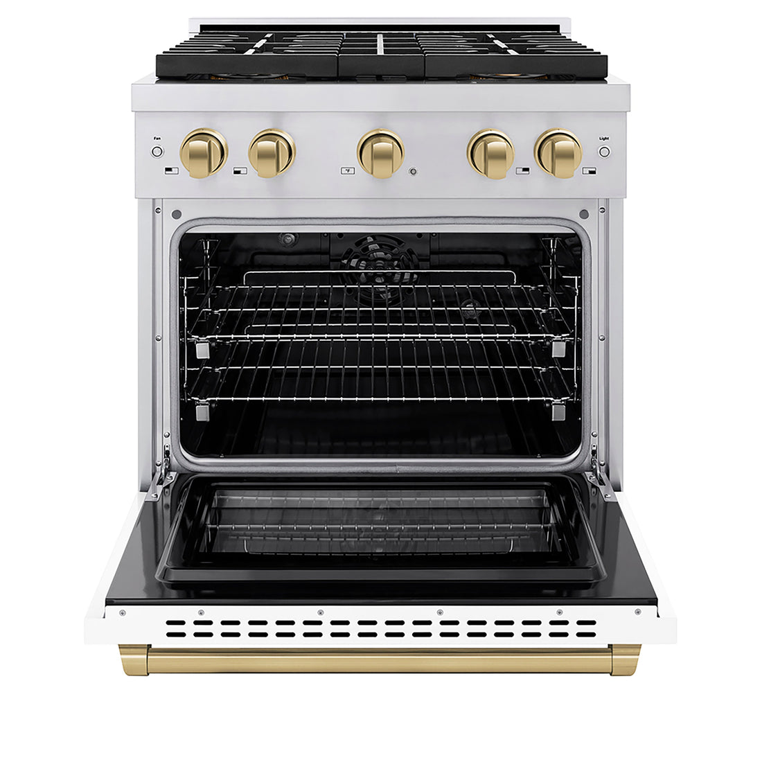 ZLINE 30 in. Paramount Dual Fuel Range 4.2 cu. ft. – 4 Burner DuoPro™ Cooktop, Electric Convection Oven, Stainless Steel, White Matte Door, Champagne Bronze Accents (PSDRZ-WM-30-CB)