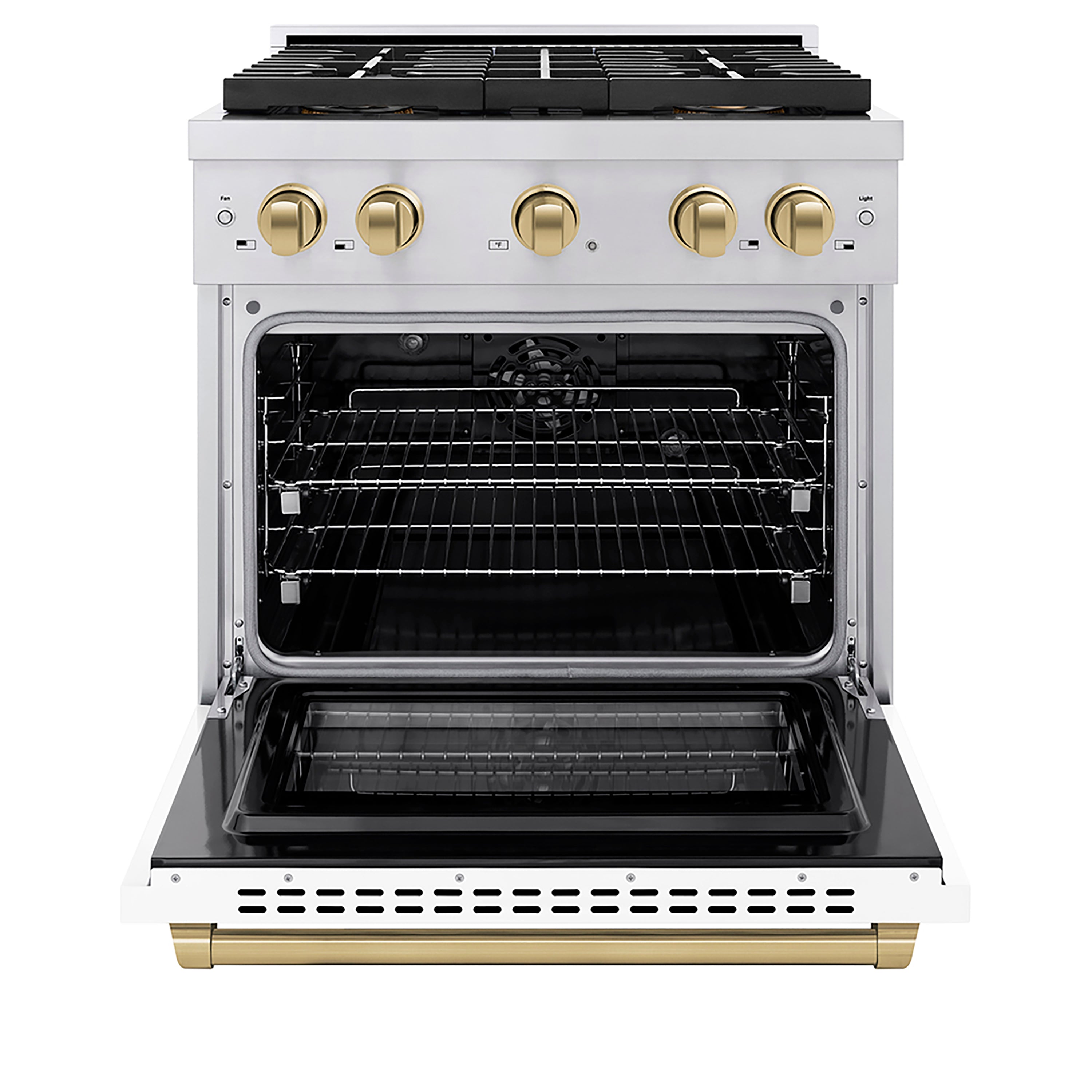 ZLINE 30 in. Paramount Dual Fuel Range 4.2 cu. ft. – 4 Burner DuoPro™ Cooktop, Electric Convection Oven, Stainless Steel, White Matte Door, Champagne Bronze Accents (PSDRZ-WM-30-CB)