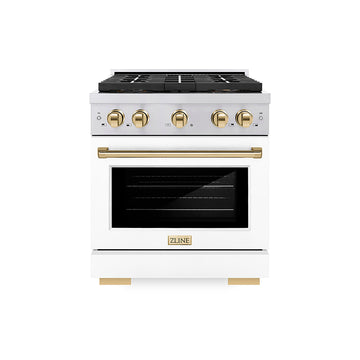 ZLINE 30 in. Dual Fuel Range 4.2 cu. ft. 4 Burner DuoPro™ Cooktop Electric Convection Oven White Matte Door Polished Gold Accents (PSDRZ-WM-30-G)
