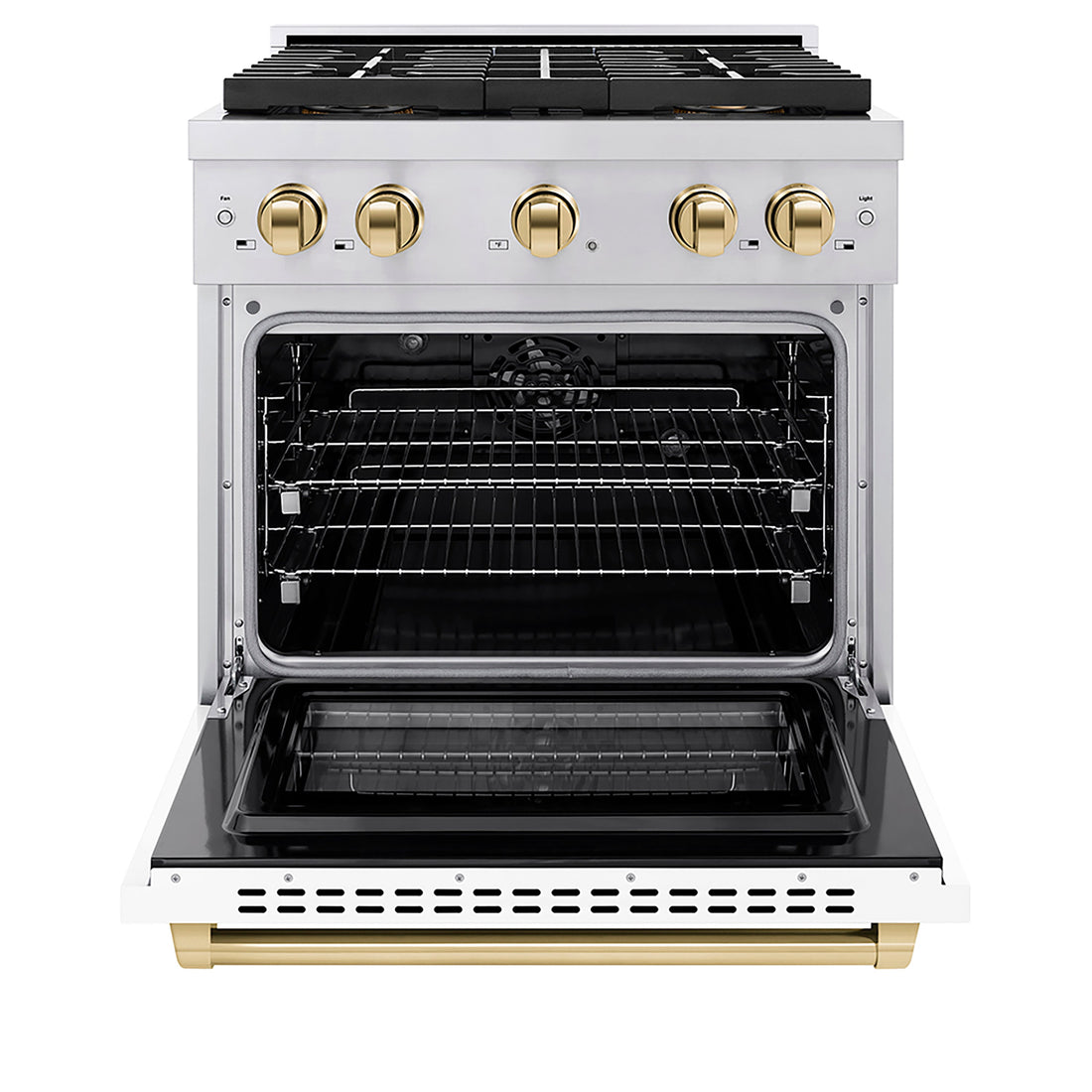 ZLINE 30 in. Dual Fuel Range 4.2 cu. ft. 4 Burner DuoPro™ Cooktop Electric Convection Oven White Matte Door Polished Gold Accents (PSDRZ-WM-30-G)