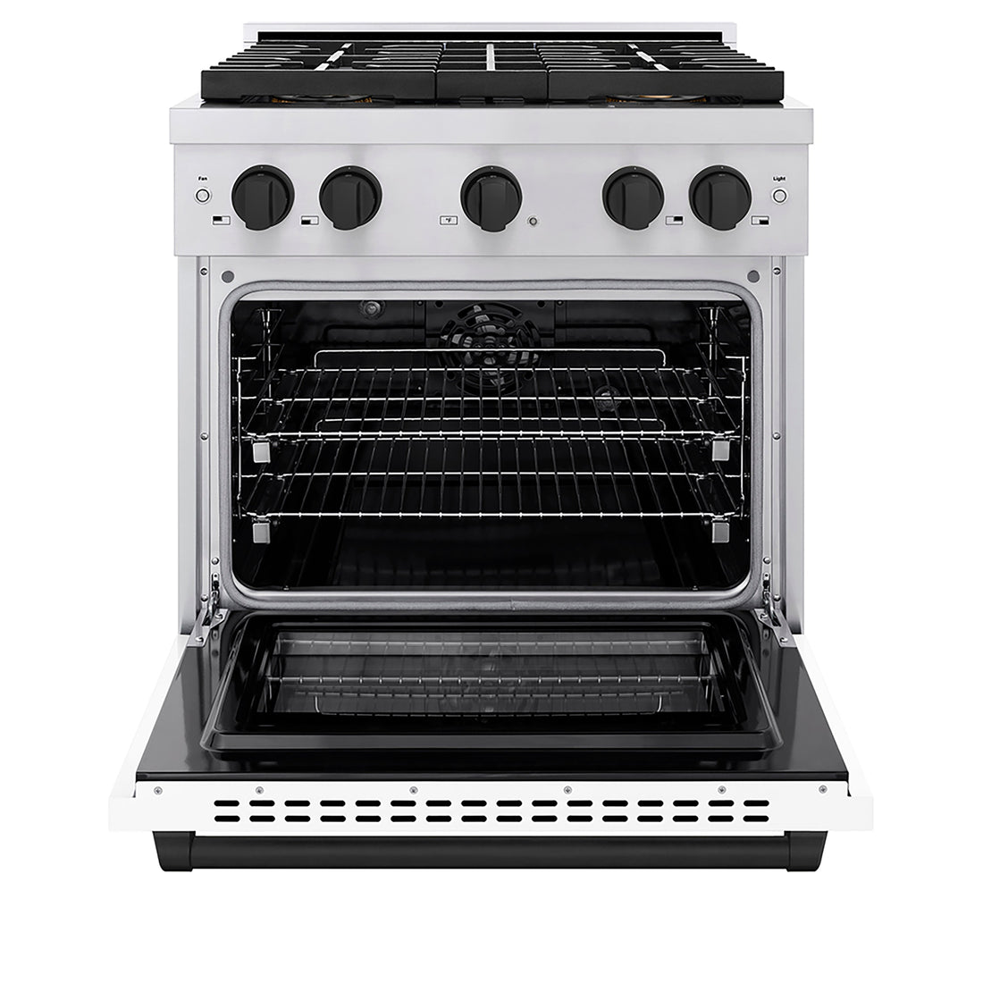 ZLINE 30 in. Dual Fuel Range 4.2 cu. ft. 4 Burner DuoPro™ Cooktop Electric Convection Oven Stainless Steel White Matte Door Matte Black Accents (PSDRZ-WM-30-MB)