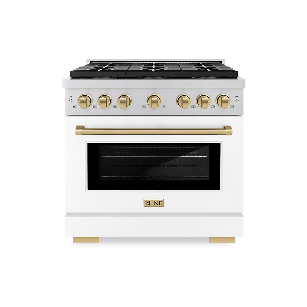 ZLINE 36 in. Dual Fuel Range 5.2 cu. ft. with 6 Burner DuoPro™ Cooktop, Electric Convection Oven, White Matte Door & Champagne Bronze Accents (PSDRZ-WM-36-CB)