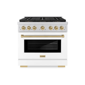 ZLINE 36 in. Dual Fuel Range 5.2 cu. ft. with 6 Burner DuoPro™ Cooktop, Electric Convection Oven, White Matte Door & Champagne Bronze Accents (PSDRZ-WM-36-CB)