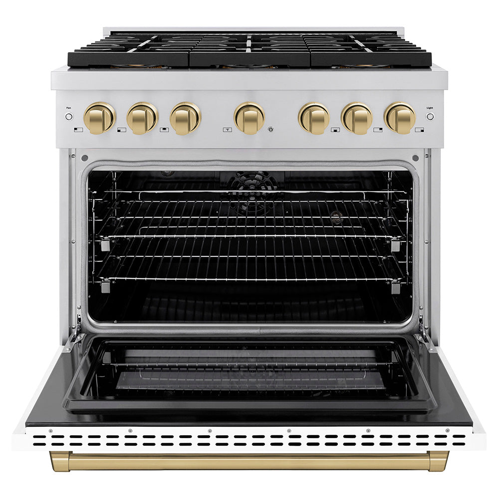 ZLINE 36 in. Dual Fuel Range 5.2 cu. ft. with 6 Burner DuoPro™ Cooktop, Electric Convection Oven, White Matte Door & Champagne Bronze Accents (PSDRZ-WM-36-CB)