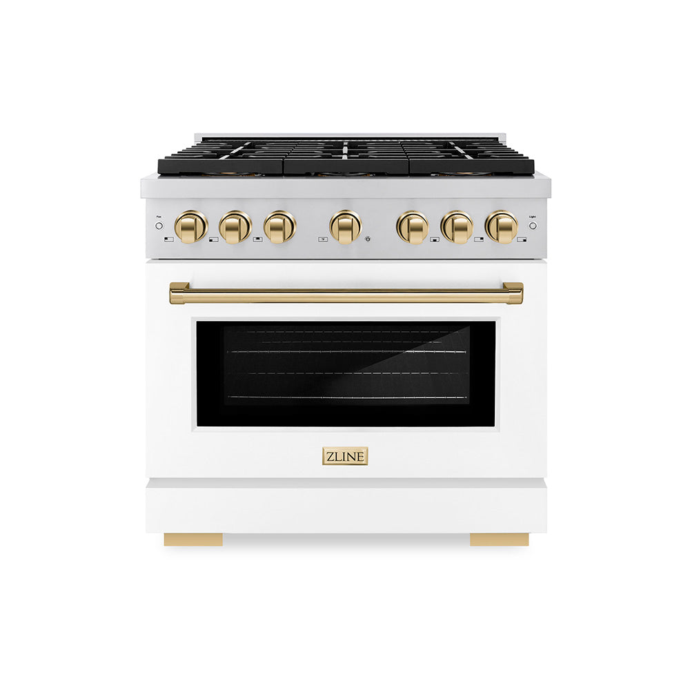 ZLINE 36 in. Paramount Dual Fuel Range 5.2 cu. ft. 6 Burner DuoPro™ Cooktop Electric Convection Oven White Matte Door Polished Gold Accents (PSDRZ-WM-36-G)