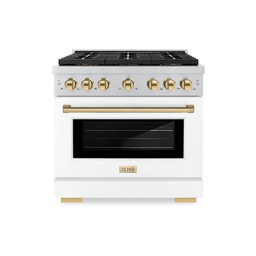 ZLINE 36 in. Paramount Dual Fuel Range 5.2 cu. ft. 6 Burner DuoPro™ Cooktop Electric Convection Oven White Matte Door Polished Gold Accents (PSDRZ-WM-36-G)