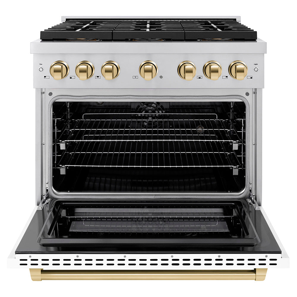 ZLINE 36 in. Paramount Dual Fuel Range 5.2 cu. ft. 6 Burner DuoPro™ Cooktop Electric Convection Oven White Matte Door Polished Gold Accents (PSDRZ-WM-36-G)