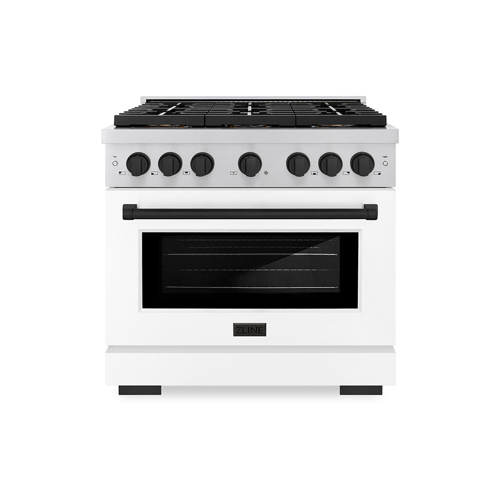 ZLINE 36 in. Paramount Dual Fuel Range 5.2 cu. ft. – 6 Burner DuoPro™ Cooktop, Electric Convection Oven, White Matte Door, Matte Black Accents (PSDRZ-WM-36-MB)