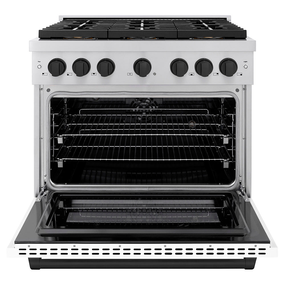 ZLINE 36 in. Paramount Dual Fuel Range 5.2 cu. ft. – 6 Burner DuoPro™ Cooktop, Electric Convection Oven, White Matte Door, Matte Black Accents (PSDRZ-WM-36-MB)