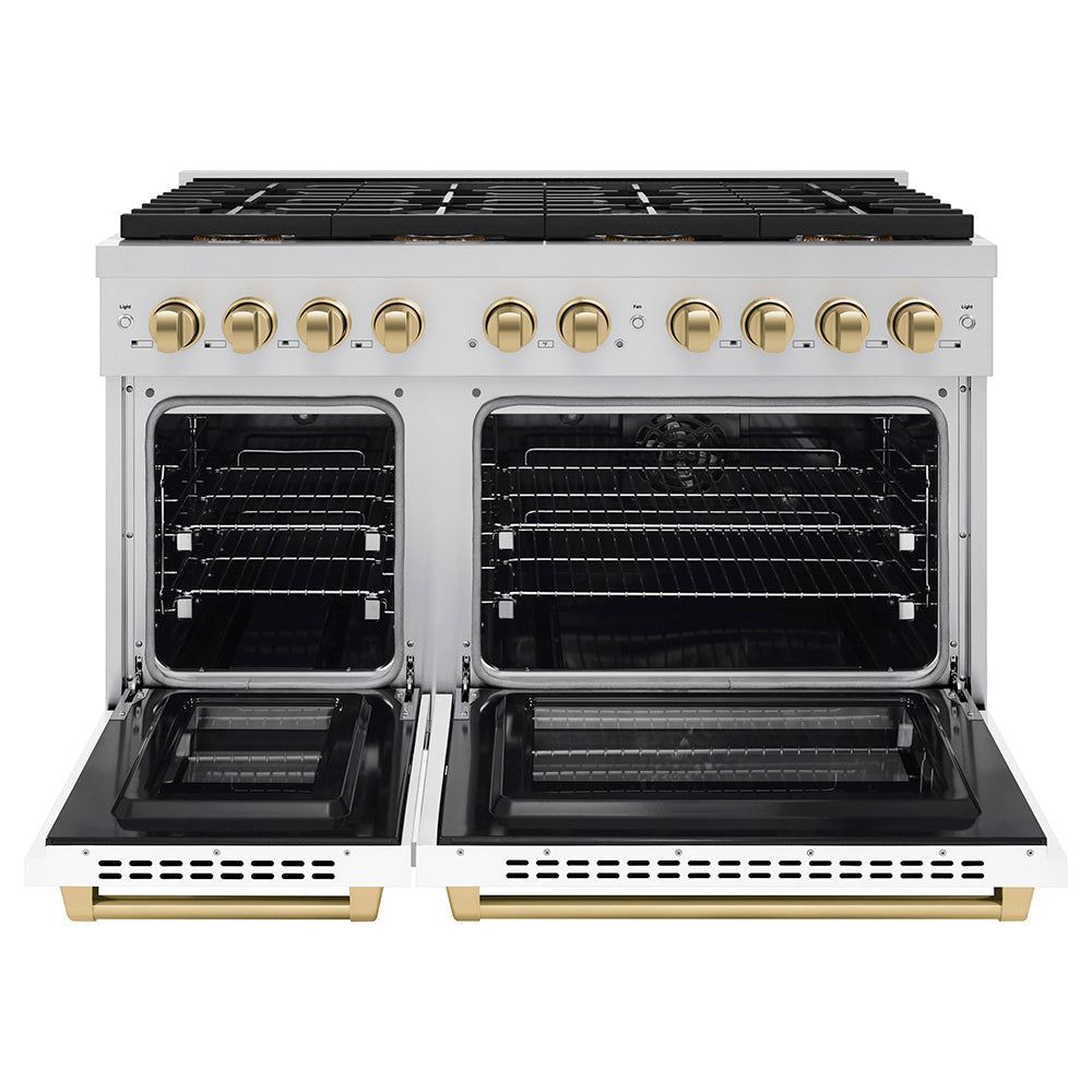 ZLINE 48 in. Dual Fuel Range 6.7 cu. ft. 8 Burner DuoPro™ Cooktop Dual Ovens White Matte Doors Champagne Bronze Accents (PSDRZ-WM-48-CB)