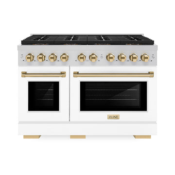 ZLINE 48 in. Dual Fuel Range 6.7 cu. ft. with 8 Burner DuoPro™ Cooktop, Dual Ovens, White Matte Doors and Polished Gold Accents (PSDRZ-WM-48-G)
