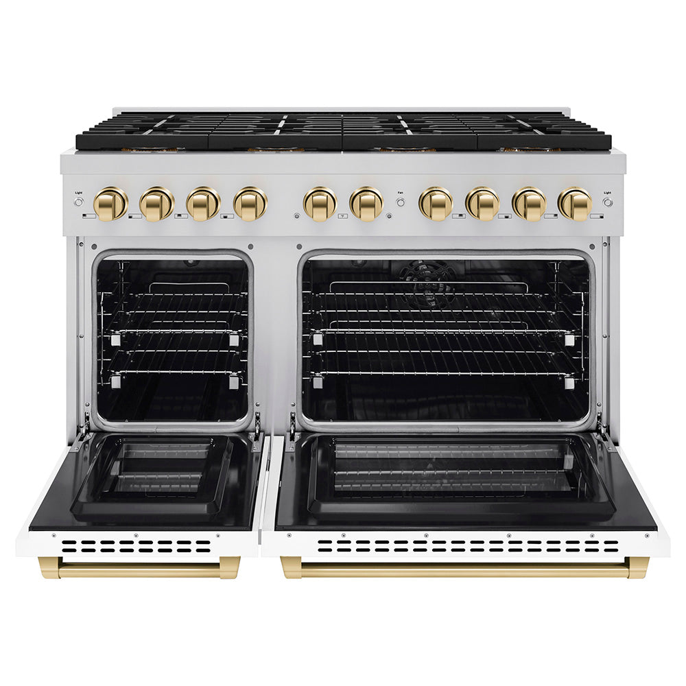 ZLINE 48 in. Dual Fuel Range 6.7 cu. ft. with 8 Burner DuoPro™ Cooktop, Dual Ovens, White Matte Doors and Polished Gold Accents (PSDRZ-WM-48-G)