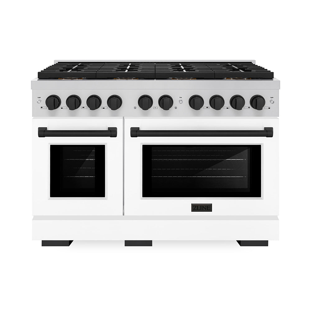 ZLINE 48 in. Autograph Paramount Dual Fuel Range – 6.7 cu. ft. Capacity, 8 Burner DuoPro™ Cooktop, Dual Ovens, White Matte Doors, Matte Black Accents (PSDRZ-WM-48-MB)