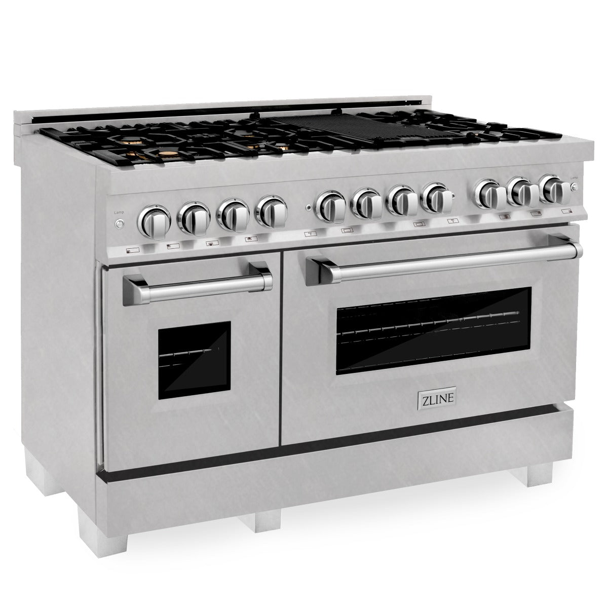 ZLINE 48 in Dual Fuel Range with 6 Sealed Brass Burners, Double Electric Convection Ovens, Satin Stainless Steel Door, 6.0 cu. ft. Total Capacity (RAS-SN-BR-48)