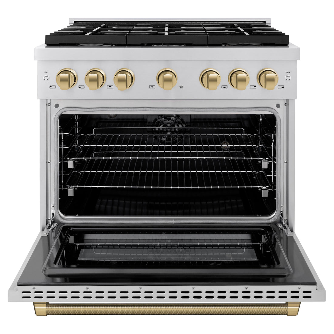ZLINE 36 in. Dual Fuel Range 5.2 cu. ft. 6 Burner Gas Cooktop Electric Convection Oven Stainless Steel Champagne Bronze Helix Handle & Knob Accents (SDRZ-36-KCB)