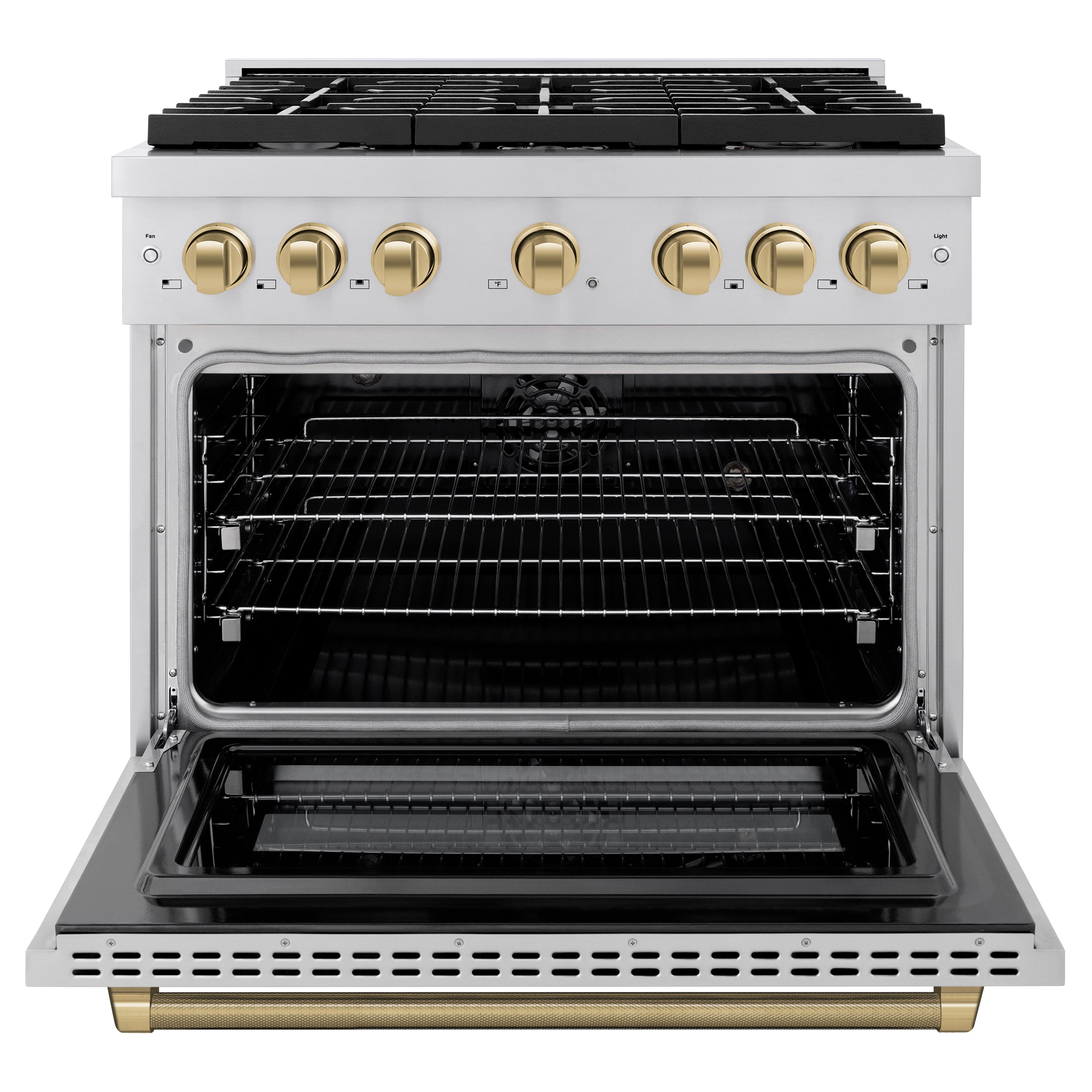 ZLINE 36 in. Dual Fuel Range 5.2 cu. ft. 6 Burner Gas Cooktop Electric Convection Oven Stainless Steel Champagne Bronze Helix Handle & Knob Accents (SDRZ-36-KCB)