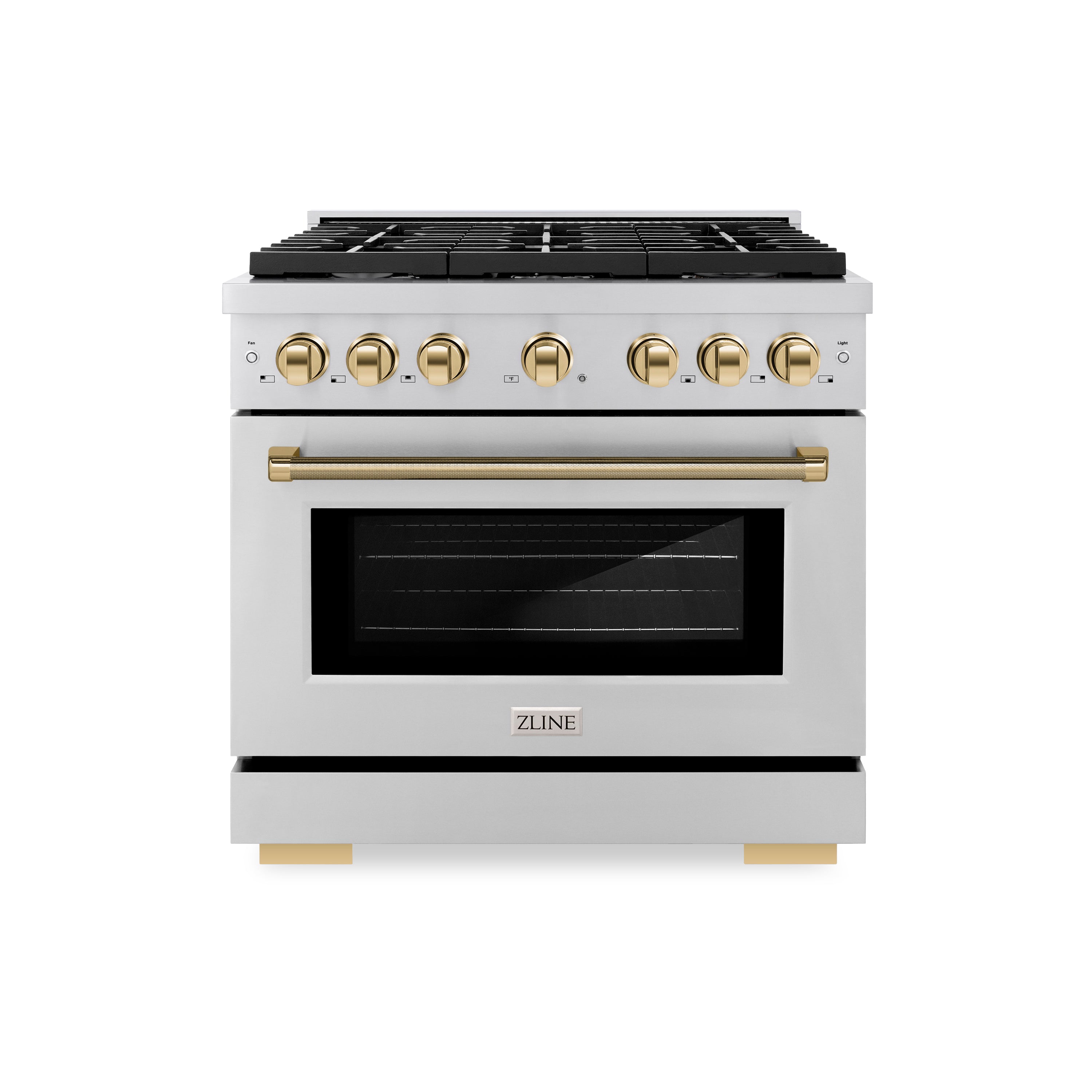 ZLINE 36 in. Dual Fuel Range 5.2 cu. ft. 6 Burner Gas Cooktop Electric Convection Oven Stainless Steel Polished Gold Helix Handle & Knobs (SDRZ-36-KG)