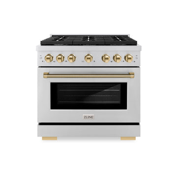 ZLINE 36 in. Dual Fuel Range 5.2 cu. ft. 6 Burner Gas Cooktop Electric Convection Oven Stainless Steel Polished Gold Helix Handle & Knobs (SDRZ-36-KG)