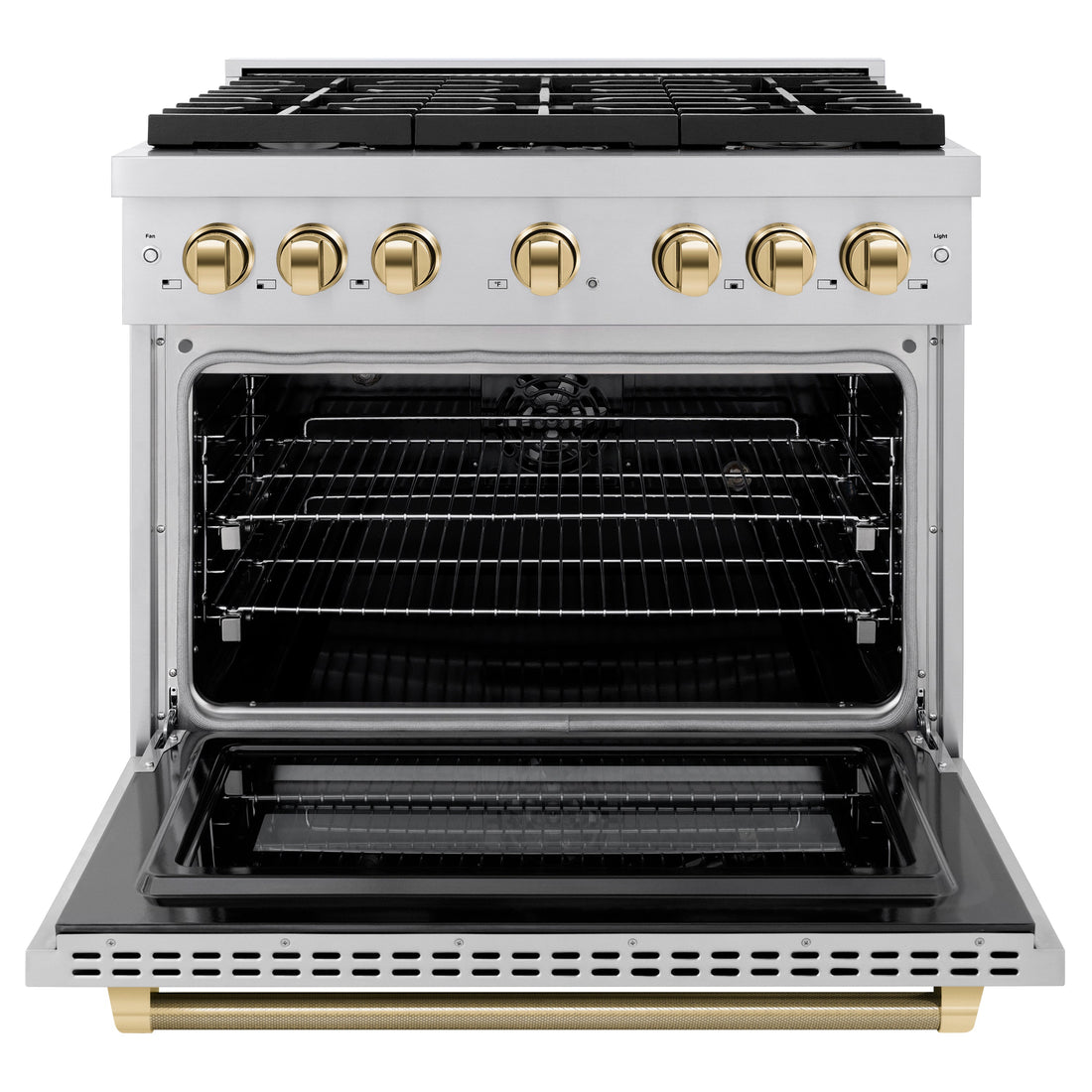 ZLINE 36 in. Dual Fuel Range 5.2 cu. ft. 6 Burner Gas Cooktop Electric Convection Oven Stainless Steel Polished Gold Helix Handle & Knobs (SDRZ-36-KG)