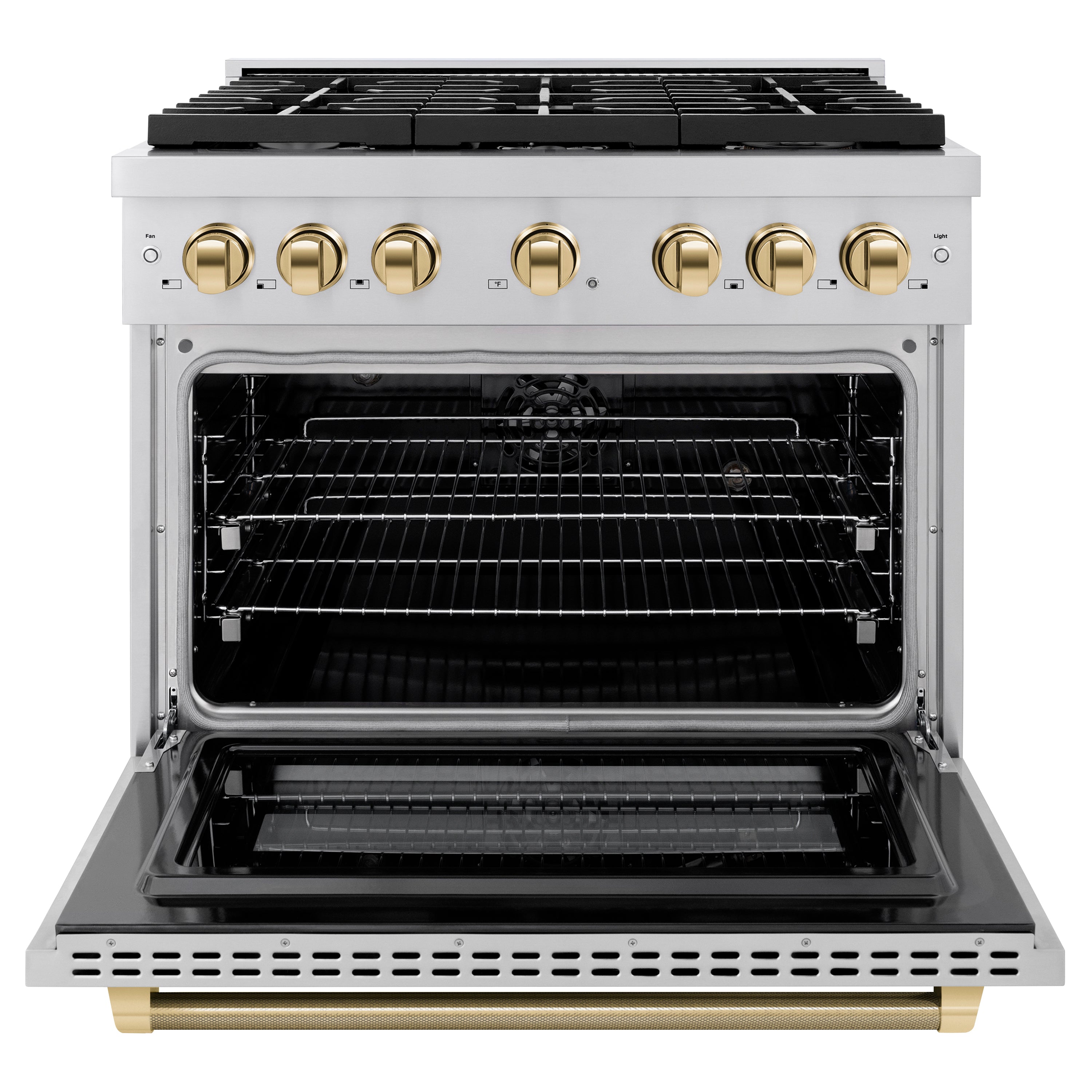 ZLINE 36 in. Dual Fuel Range 5.2 cu. ft. 6 Burner Gas Cooktop Electric Convection Oven Stainless Steel Polished Gold Helix Handle & Knobs (SDRZ-36-KG)