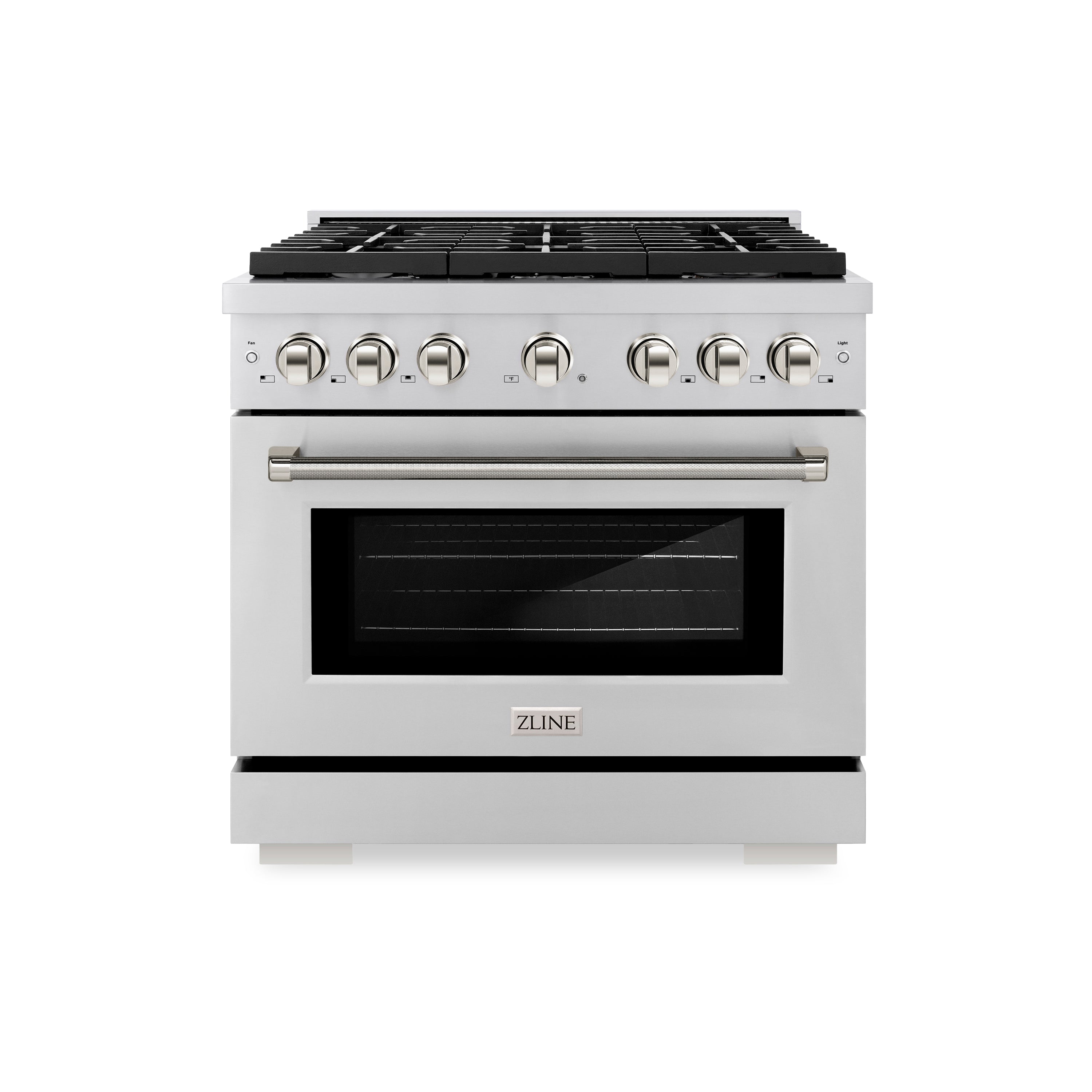 ZLINE 36 in. Dual Fuel Range 5.2 cu. ft. 6 Burner Gas Cooktop Electric Convection Oven Stainless Steel Polished Nickel Helix Handle & Knobs (SDRZ-36-KPN)