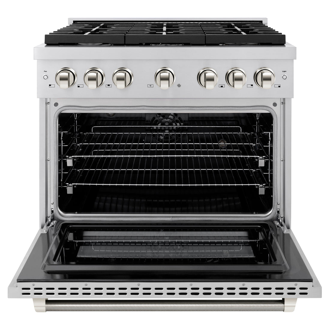 ZLINE 36 in. Dual Fuel Range 5.2 cu. ft. 6 Burner Gas Cooktop Electric Convection Oven Stainless Steel Polished Nickel Helix Handle & Knobs (SDRZ-36-KPN)
