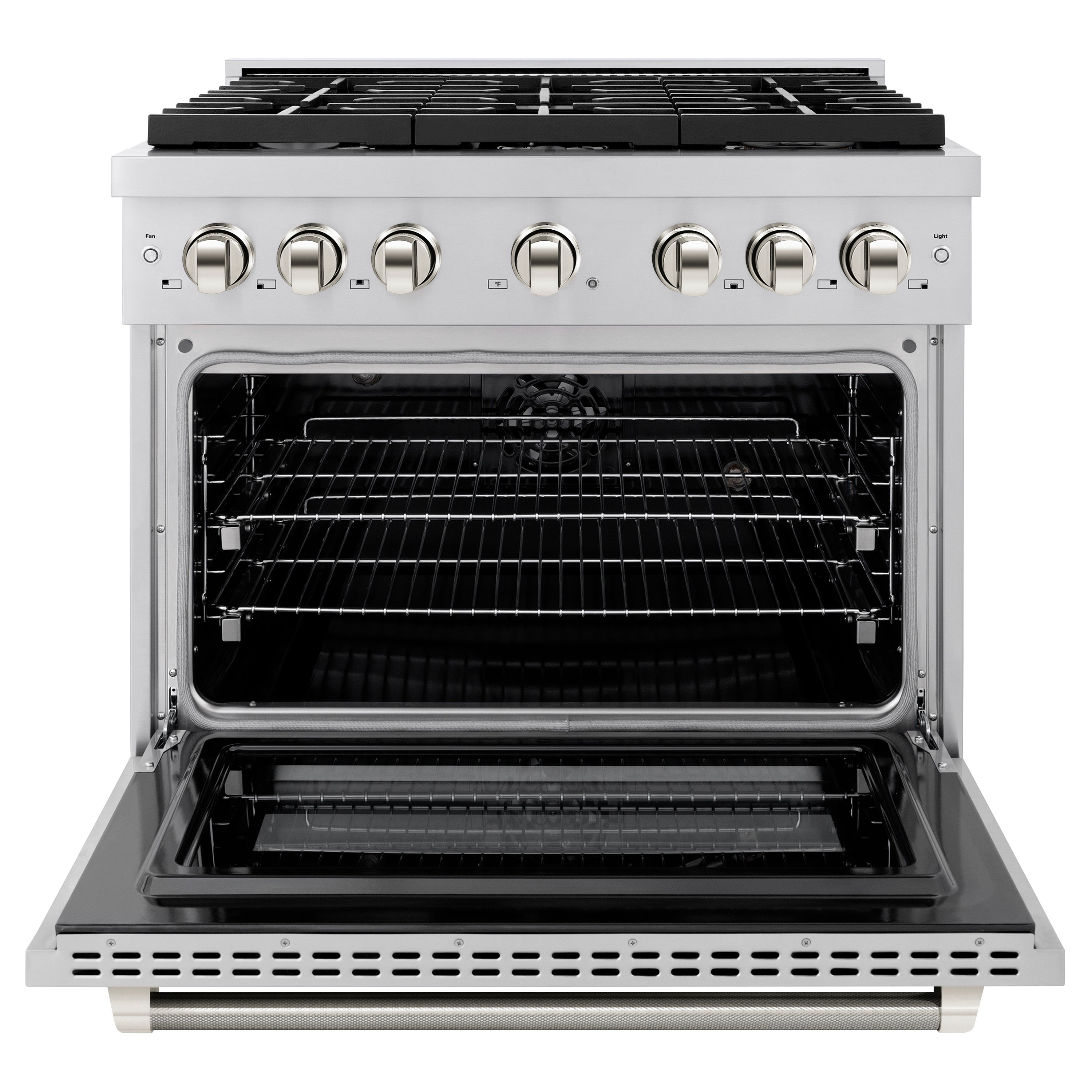ZLINE 36 in. Dual Fuel Range 5.2 cu. ft. 6 Burner Gas Cooktop Electric Convection Oven Stainless Steel Polished Nickel Helix Handle & Knobs (SDRZ-36-KPN)