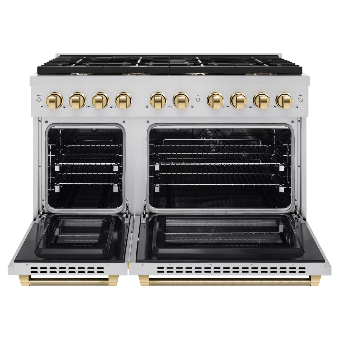 ZLINE 48 in. Dual Fuel Range – 6.7 cu. ft. Double Oven, 8 Burner Gas Cooktop, Stainless Steel with Polished Gold Helix Handles (SDRZ-48-KG)