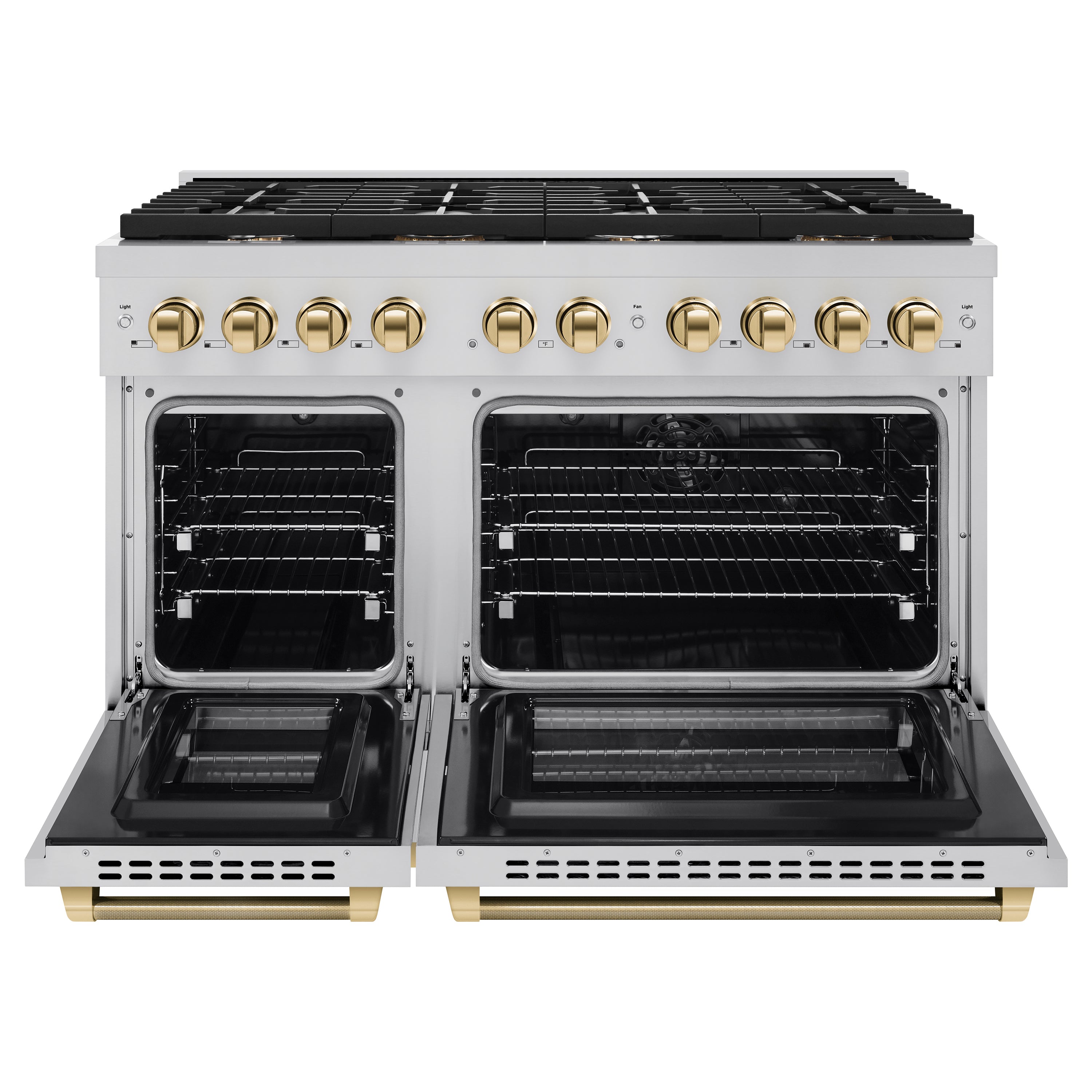 ZLINE 48 in. Dual Fuel Range – 6.7 cu. ft. Double Oven, 8 Burner Gas Cooktop, Stainless Steel with Polished Gold Helix Handles (SDRZ-48-KG)