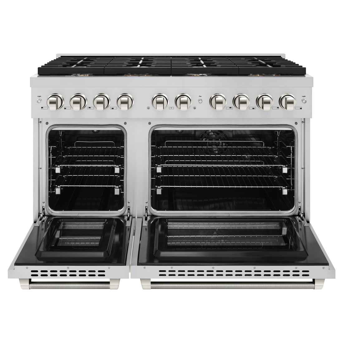 ZLINE 48 in. Dual Fuel Range Double Oven 6.7 cu. ft. 8 Burner Gas Cooktop Stainless Steel Polished Nickel Helix Handles (SDRZ-48-KPN)