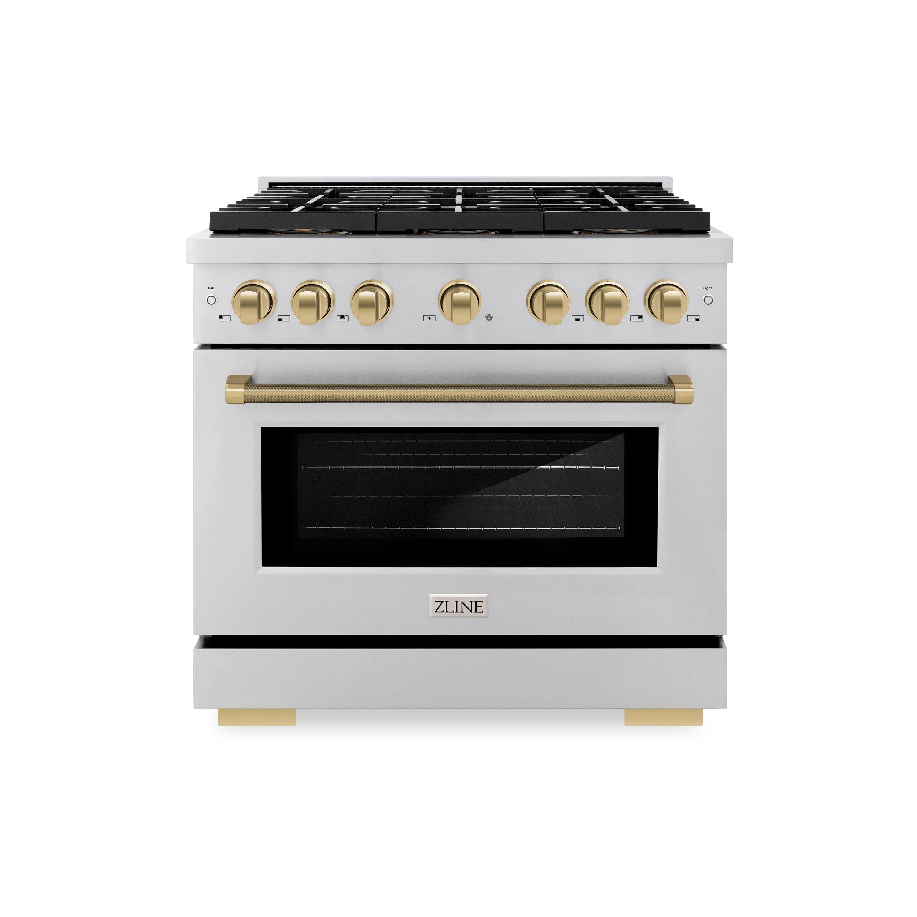 ZLINE 36 in. Dual Fuel Range 5.2 cu. ft. 6 Burner DuoPro™ Cooktop Electric Convection Oven Stainless Steel Champagne Bronze Handles (PSDRZ-36-KCB)