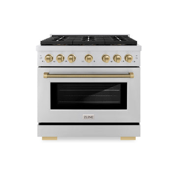 ZLINE 36 in. Dual Fuel Range 5.2 cu. ft. 6 Burner DuoPro™ Cooktop Electric Convection Oven Stainless Steel Champagne Bronze Handles (PSDRZ-36-KCB)
